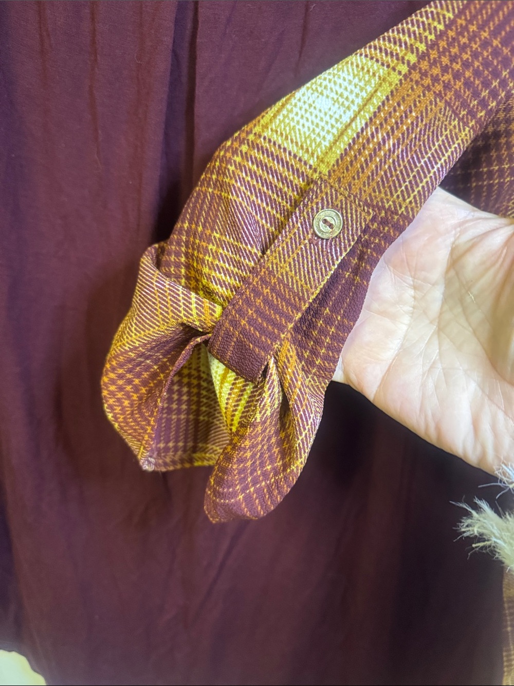 Janet Chung Plaid Zip-Front Women's Top in Burgundy and Mustard - Picture 4 of 6